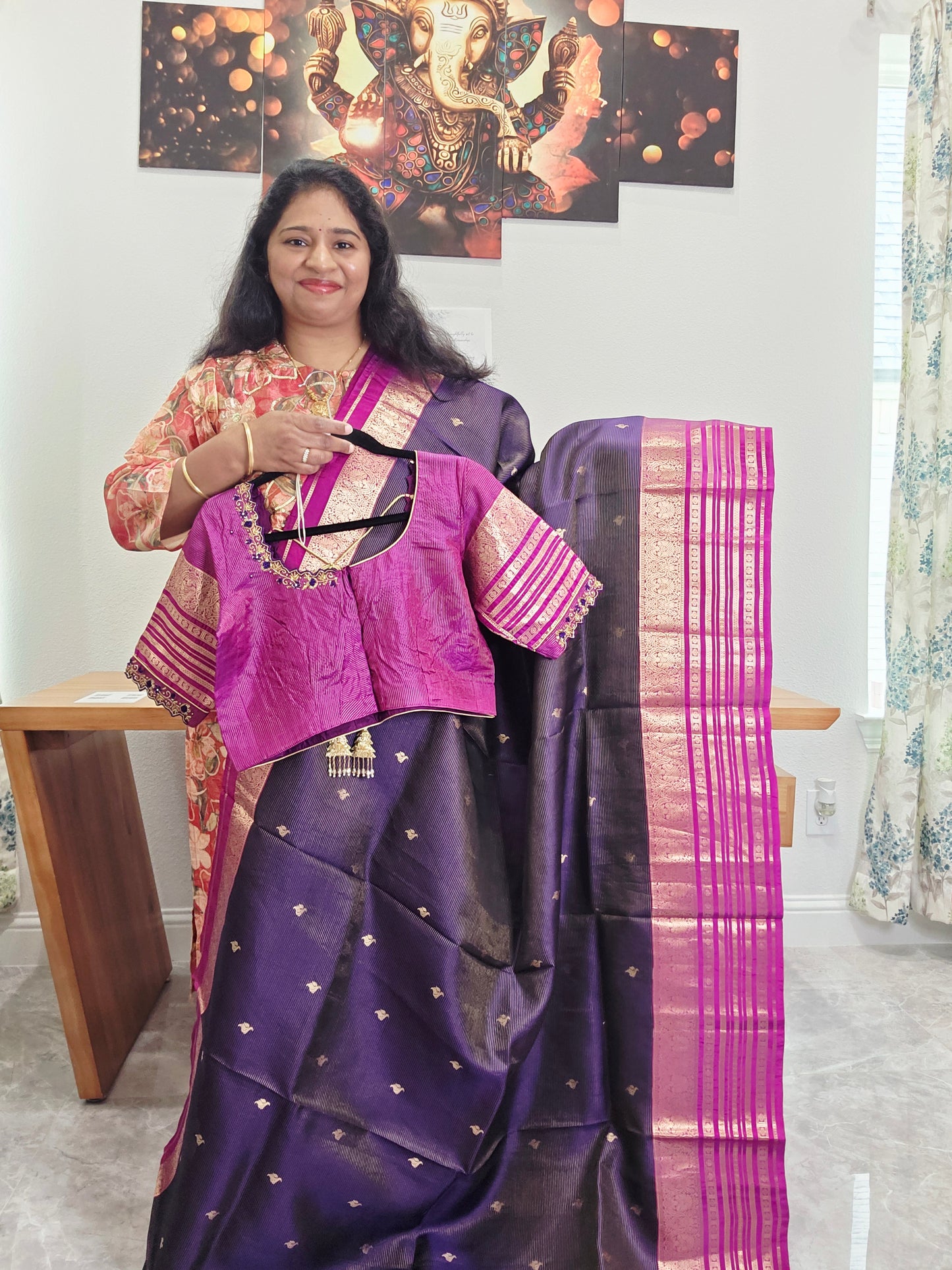 Pure Kanchi Soft Silk Handloom Saree in Deep Plum & Magenta with Zari Butta & Maggam Blouse