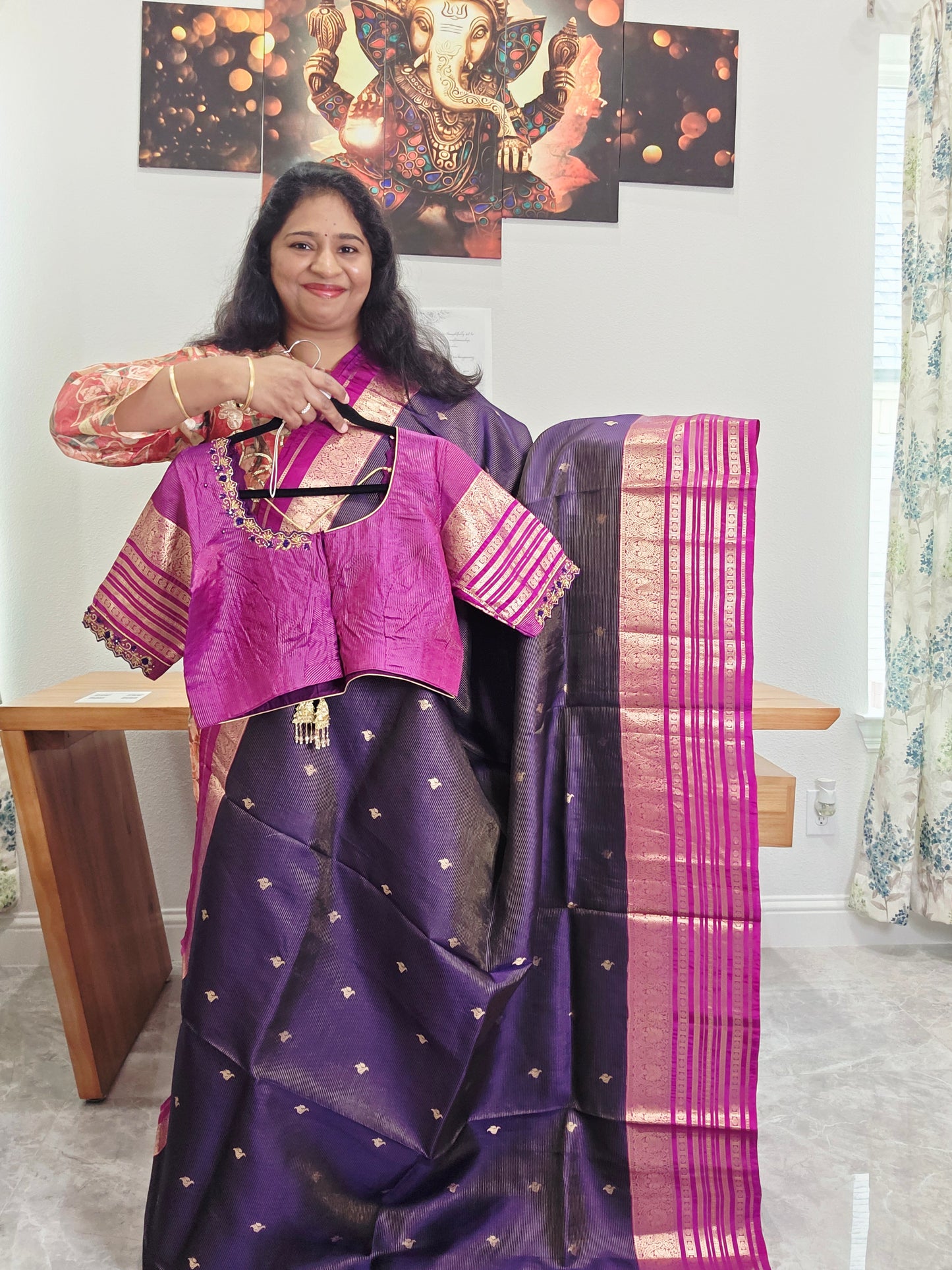 Pure Kanchi Soft Silk Handloom Saree in Deep Plum & Magenta with Zari Butta & Maggam Blouse