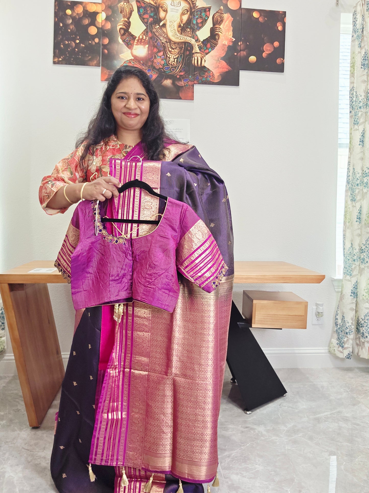 Pure Kanchi Soft Silk Handloom Saree in Deep Plum & Magenta with Zari Butta & Maggam Blouse