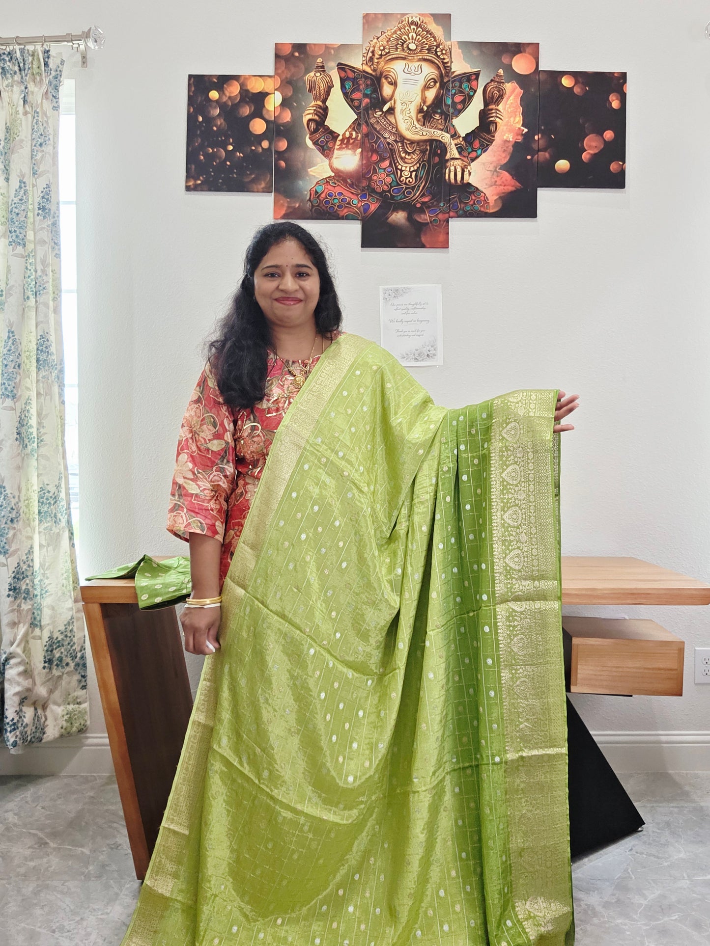 Heritage Pistachio Green with Classic Gold Border Shaded Chinon Crepe Silk Checks Saree with Blouse