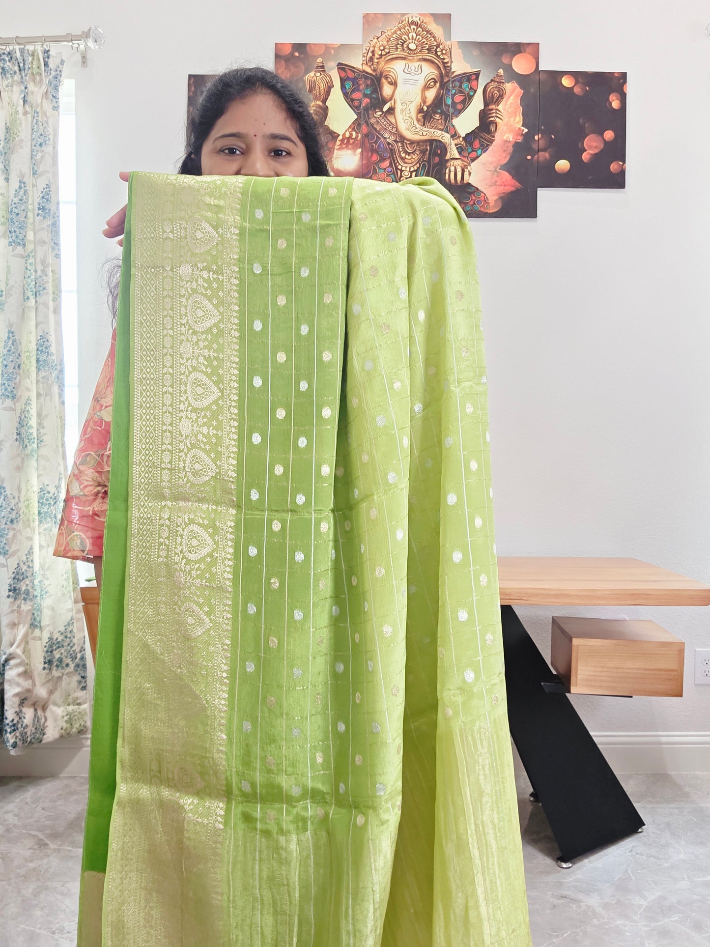 Heritage Pistachio Green with Classic Gold Border Shaded Chinon Crepe Silk Checks Saree with Blouse