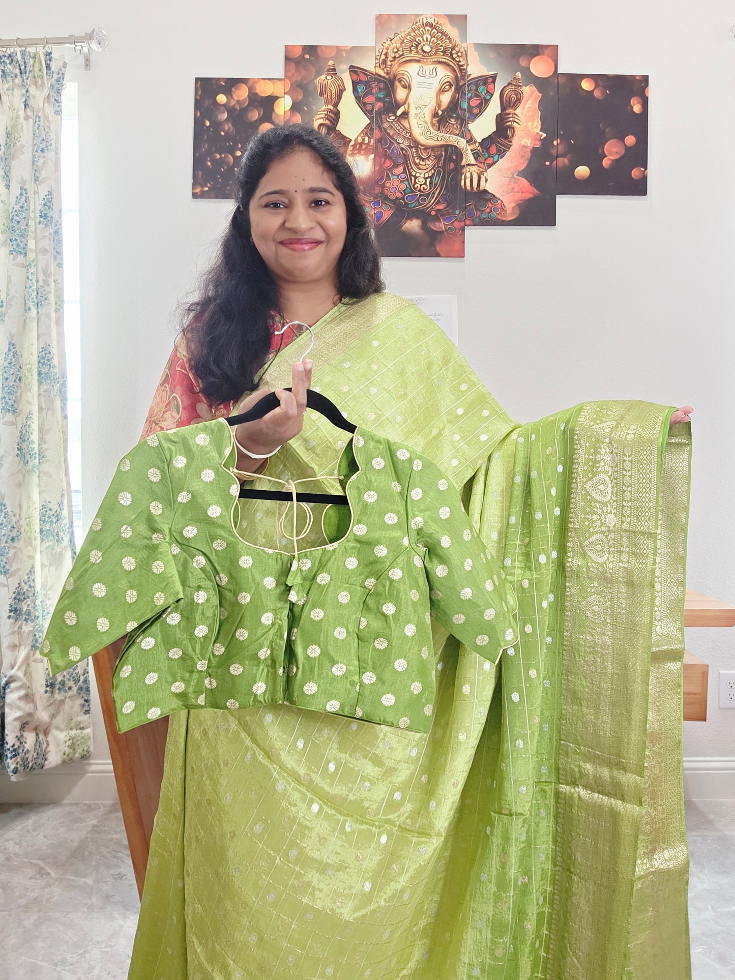 Heritage Pistachio Green with Classic Gold Border Shaded Chinon Crepe Silk Checks Saree with Blouse