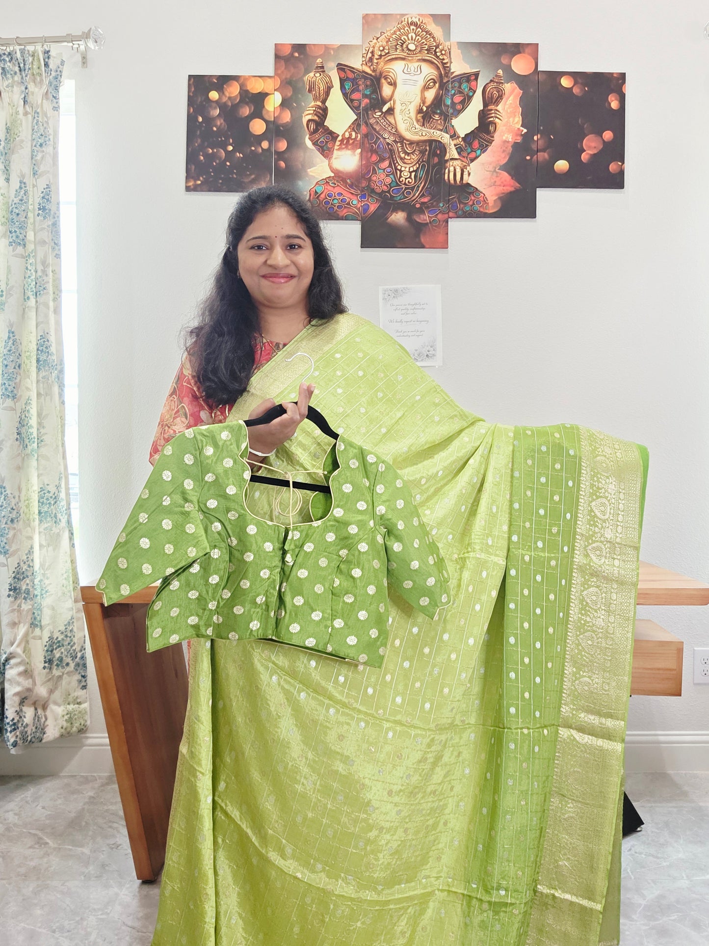 Heritage Pistachio Green with Classic Gold Border Shaded Chinon Crepe Silk Checks Saree with Blouse