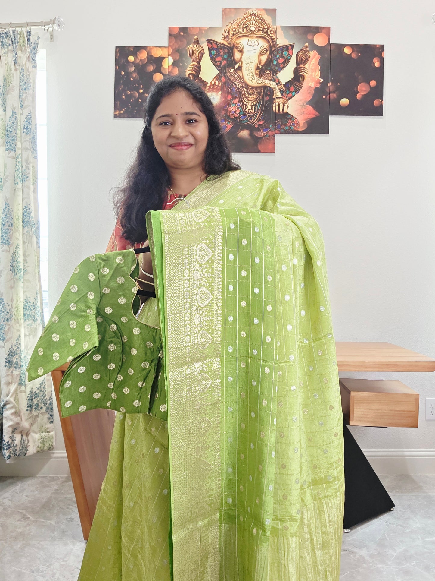 Heritage Pistachio Green with Classic Gold Border Shaded Chinon Crepe Silk Checks Saree with Blouse