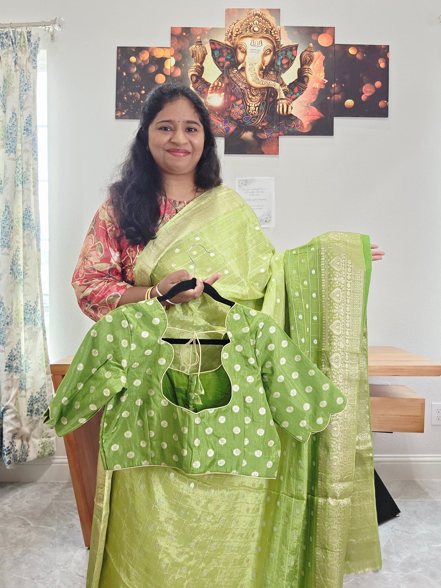Heritage Pistachio Green with Classic Gold Border Shaded Chinon Crepe Silk Checks Saree with Blouse