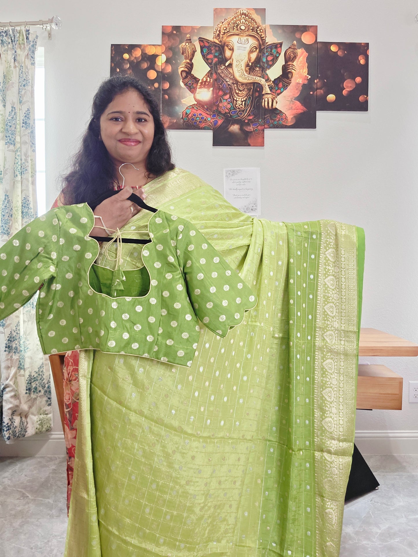 Heritage Pistachio Green with Classic Gold Border Shaded Chinon Crepe Silk Checks Saree with Blouse