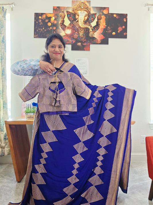 Pure Crepe Khaddi Georgette Saree with Antique Zari & Stitched Blouse