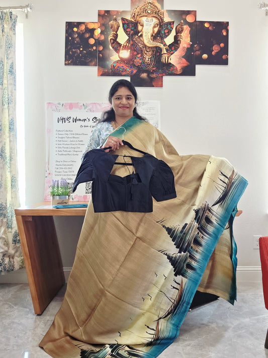 Exclusive Designer Pure Tussar Silk Saree with Puff Sleeves Blouse