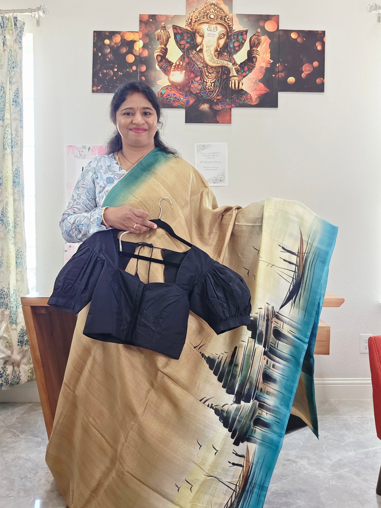 Exclusive Designer Pure Tussar Silk Saree with Puff Sleeves Blouse