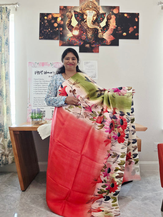 Pure Tussar Silk Shaded Floral Print Saree