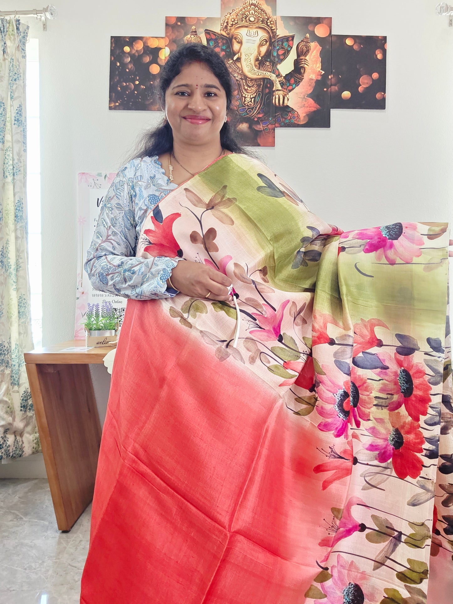 Pure Tussar Silk Shaded Floral Print Saree