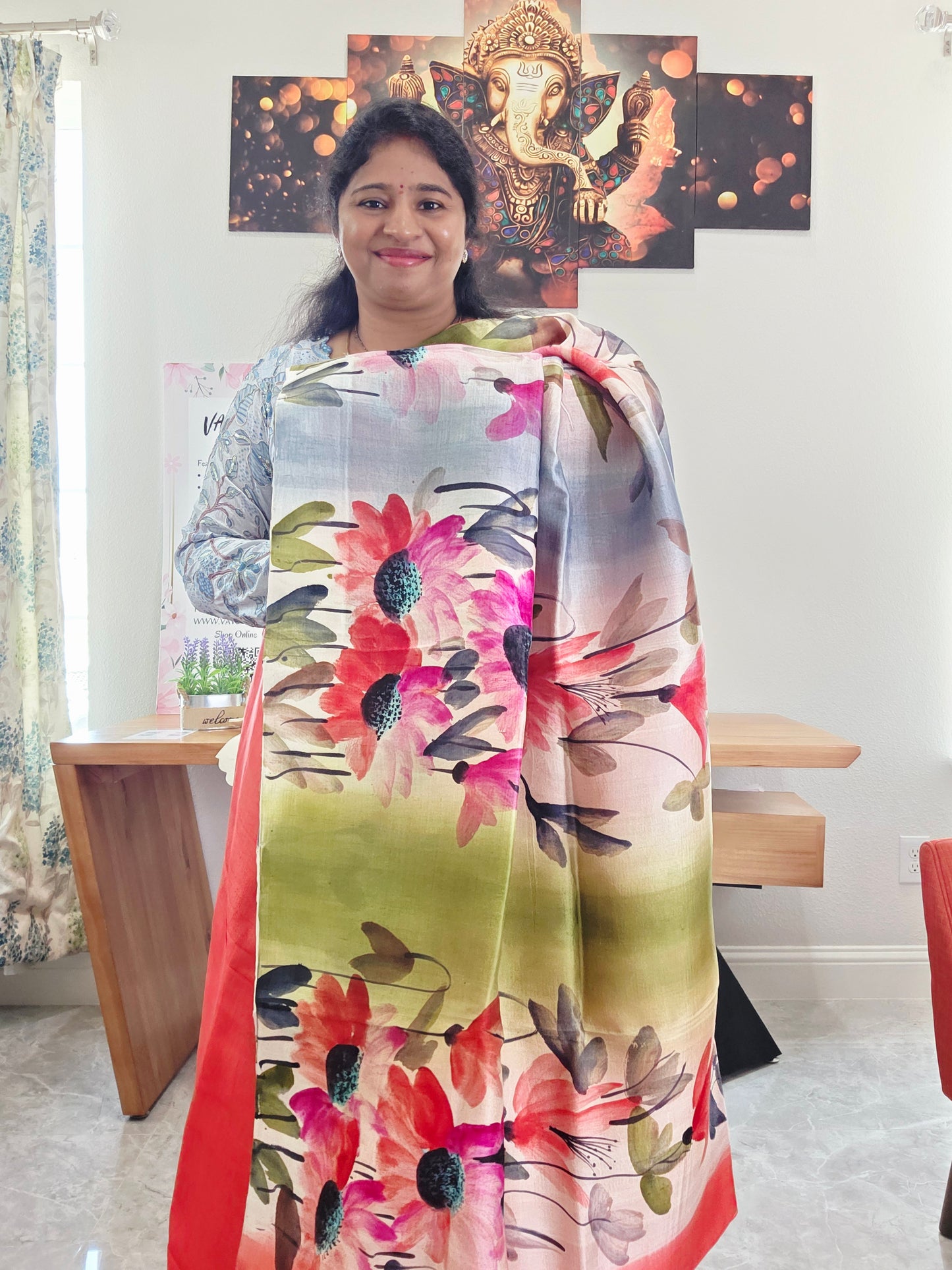 Pure Tussar Silk Shaded Floral Print Saree