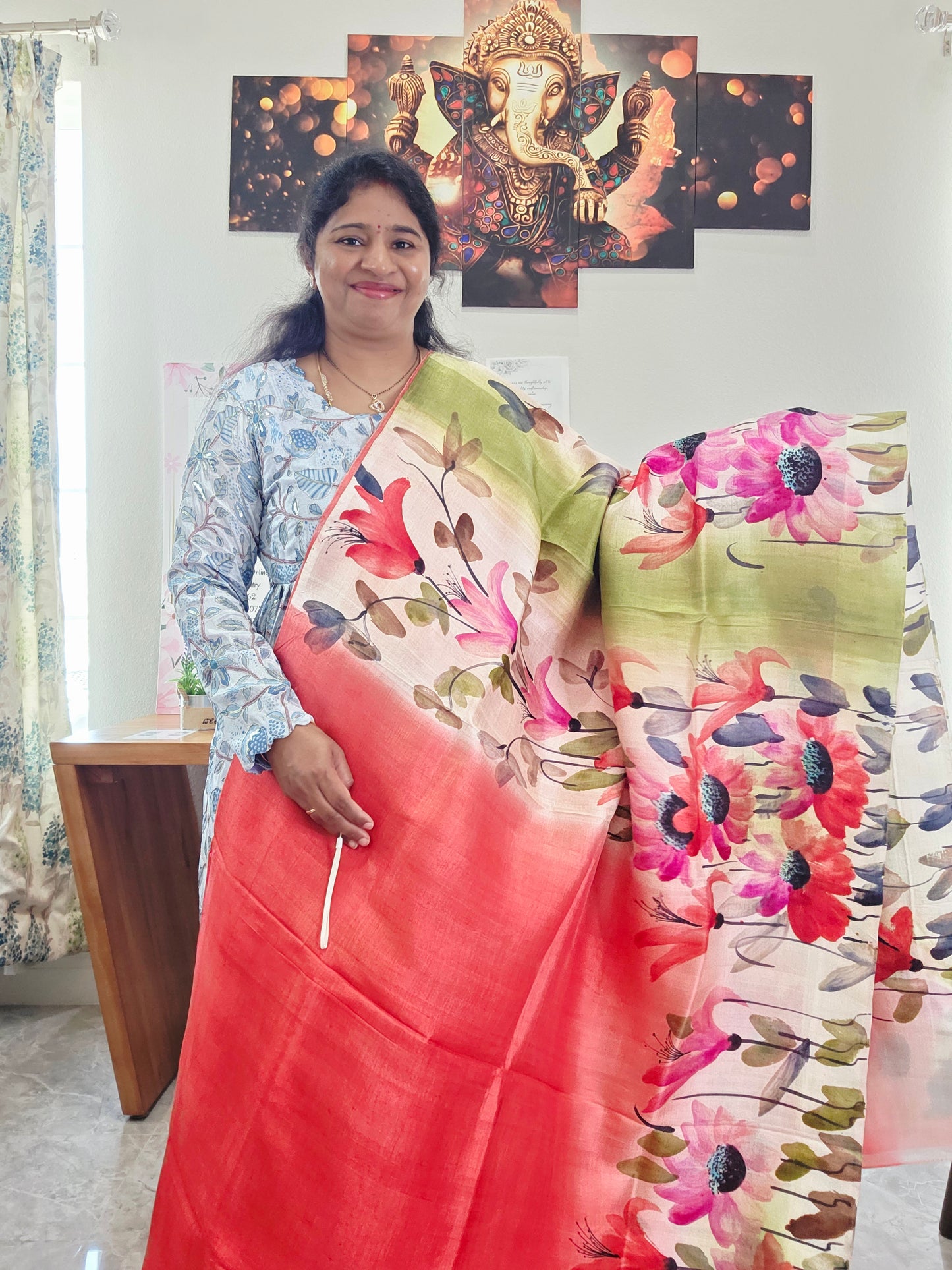 Pure Tussar Silk Shaded Floral Print Saree