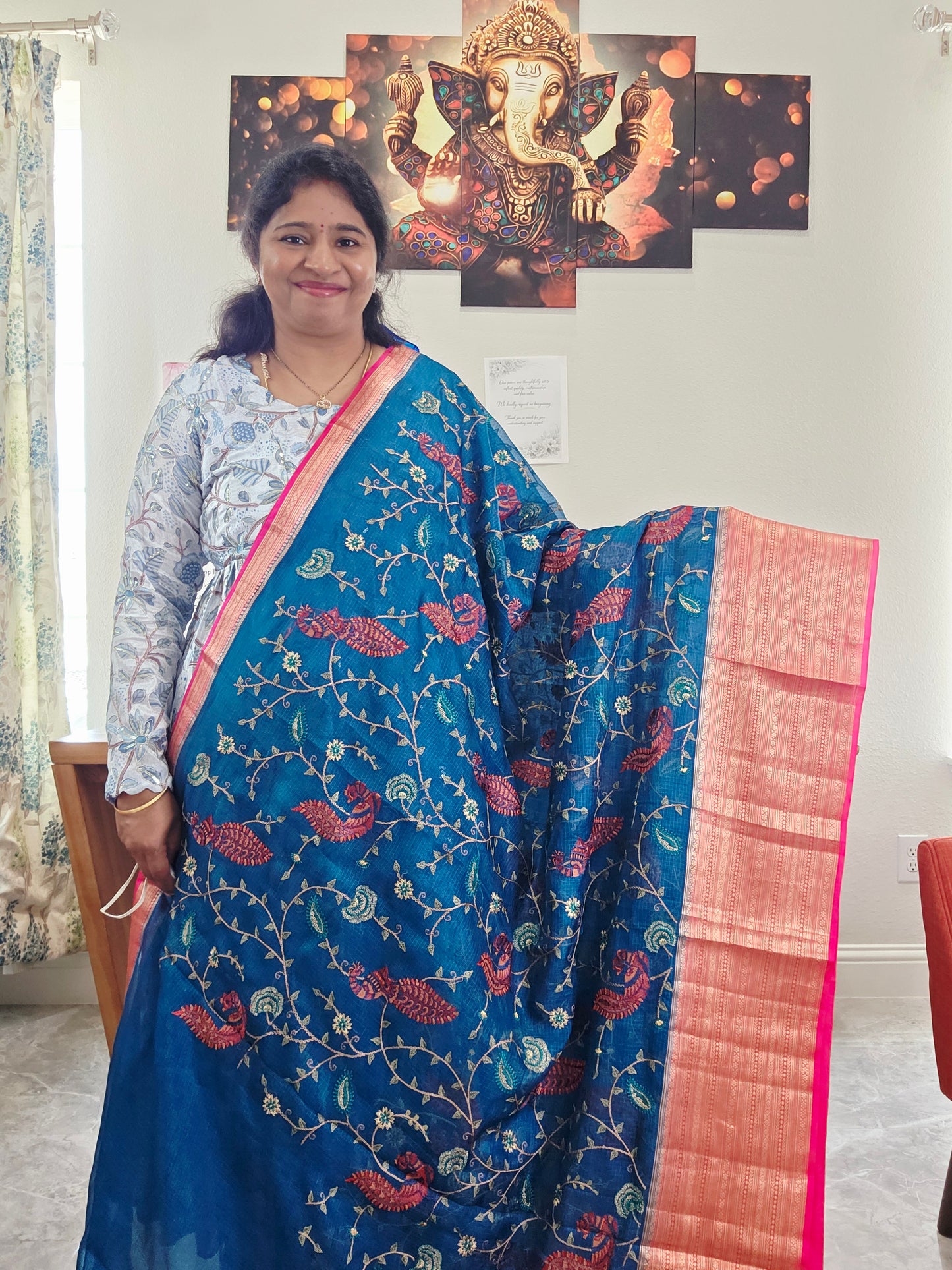 Premium Kota Silk Meenakari Designer Saree with All-Over Peacock Embroidery | Stitched Blouse Included