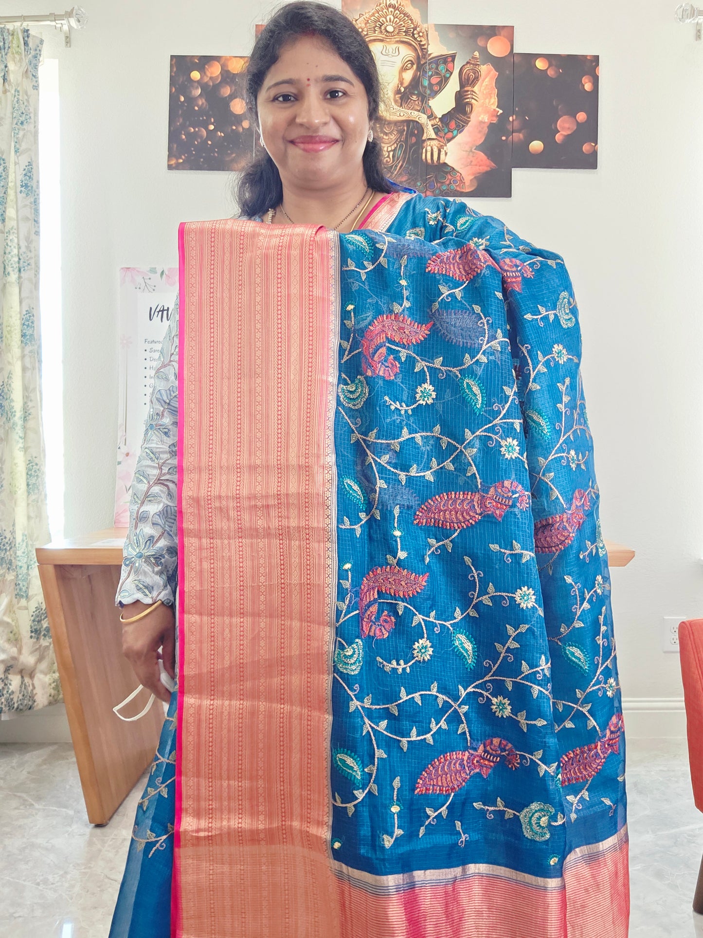 Premium Kota Silk Meenakari Designer Saree with All-Over Peacock Embroidery | Stitched Blouse Included