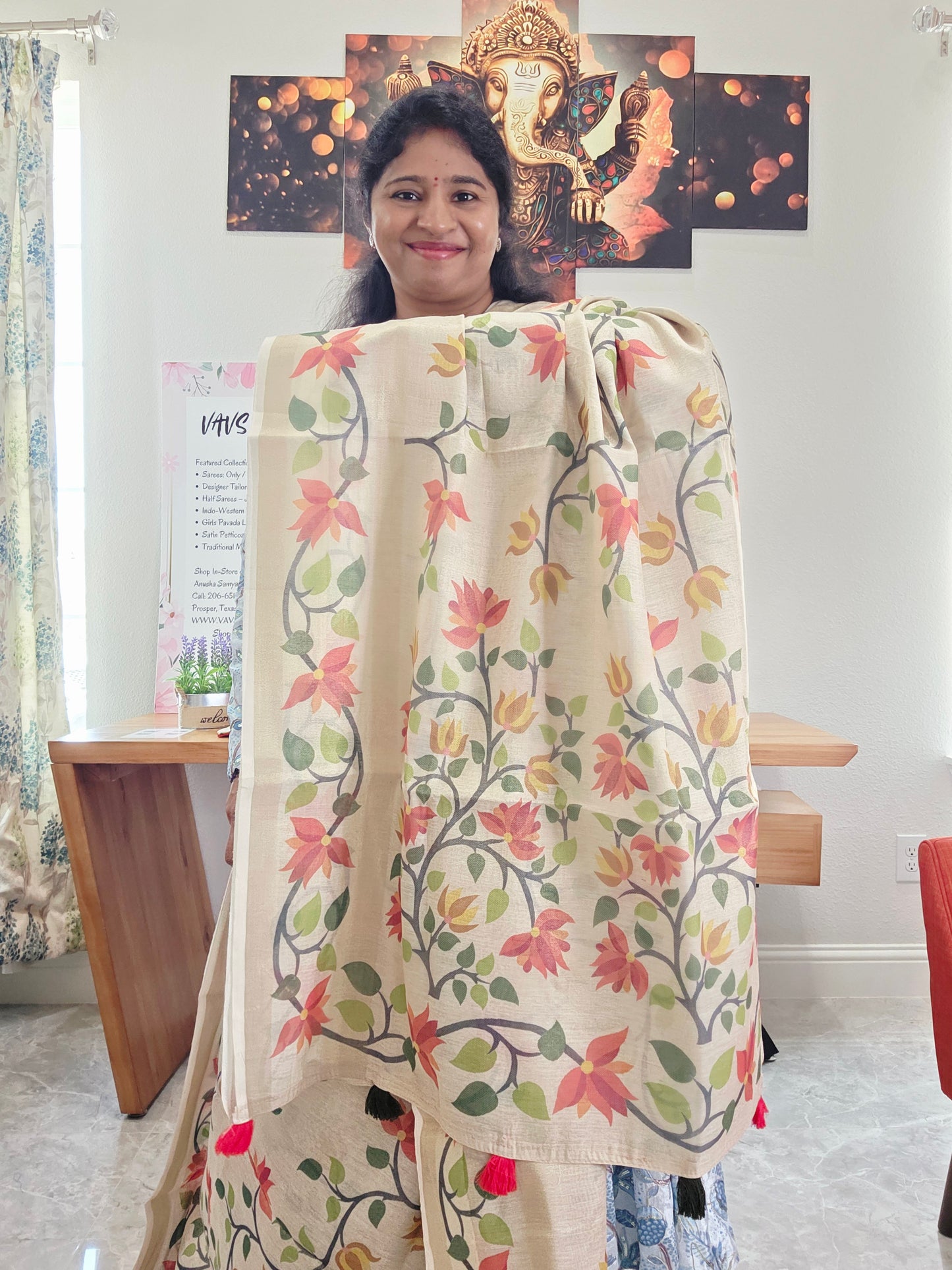 Linen Cotton Tissue Saree with Allover Jamdani Design - Stitched Blouse