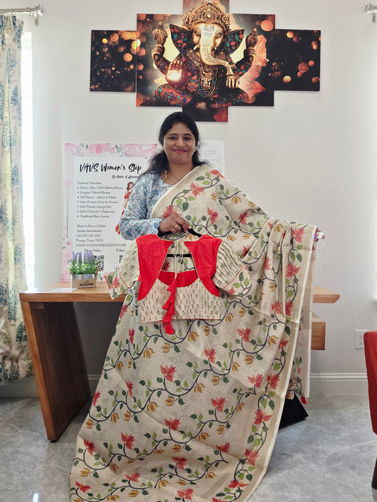 Linen Cotton Tissue Saree with Allover Jamdani Design - Stitched Blouse
