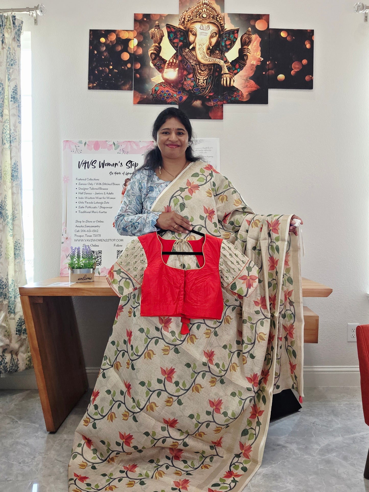 Linen Cotton Tissue Saree with Allover Jamdani Design - Stitched Blouse