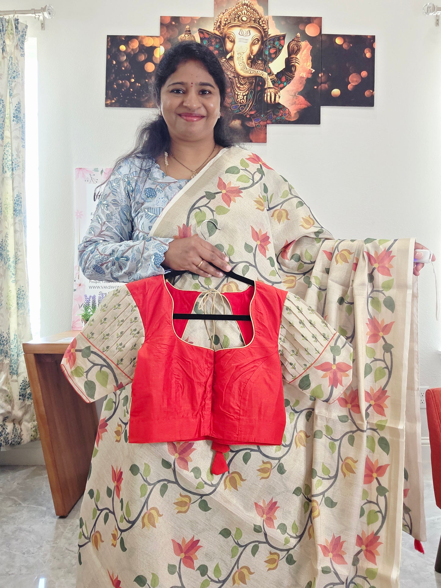 Linen Cotton Tissue Saree with Allover Jamdani Design - Stitched Blouse