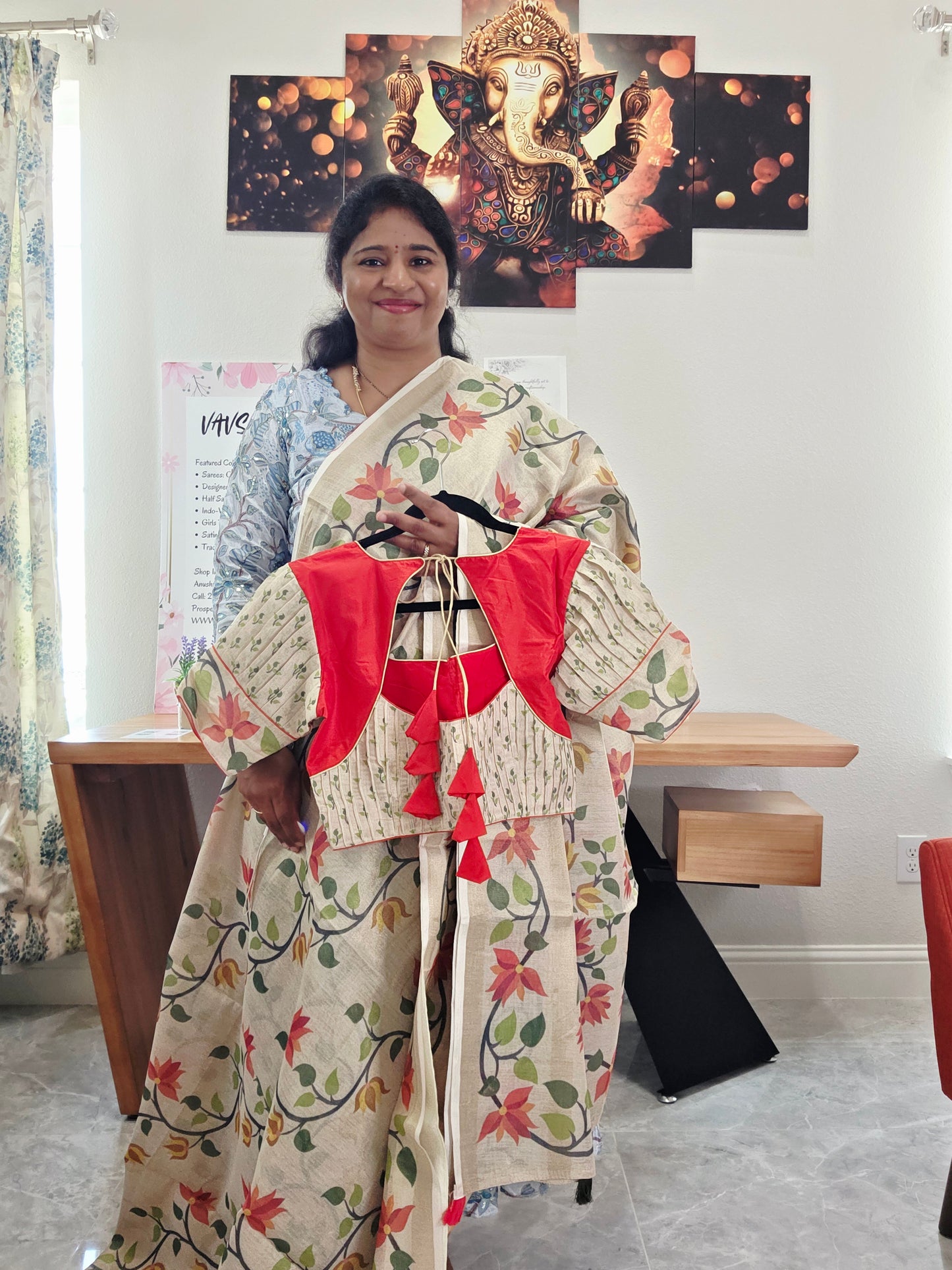 Linen Cotton Tissue Saree with Allover Jamdani Design - Stitched Blouse
