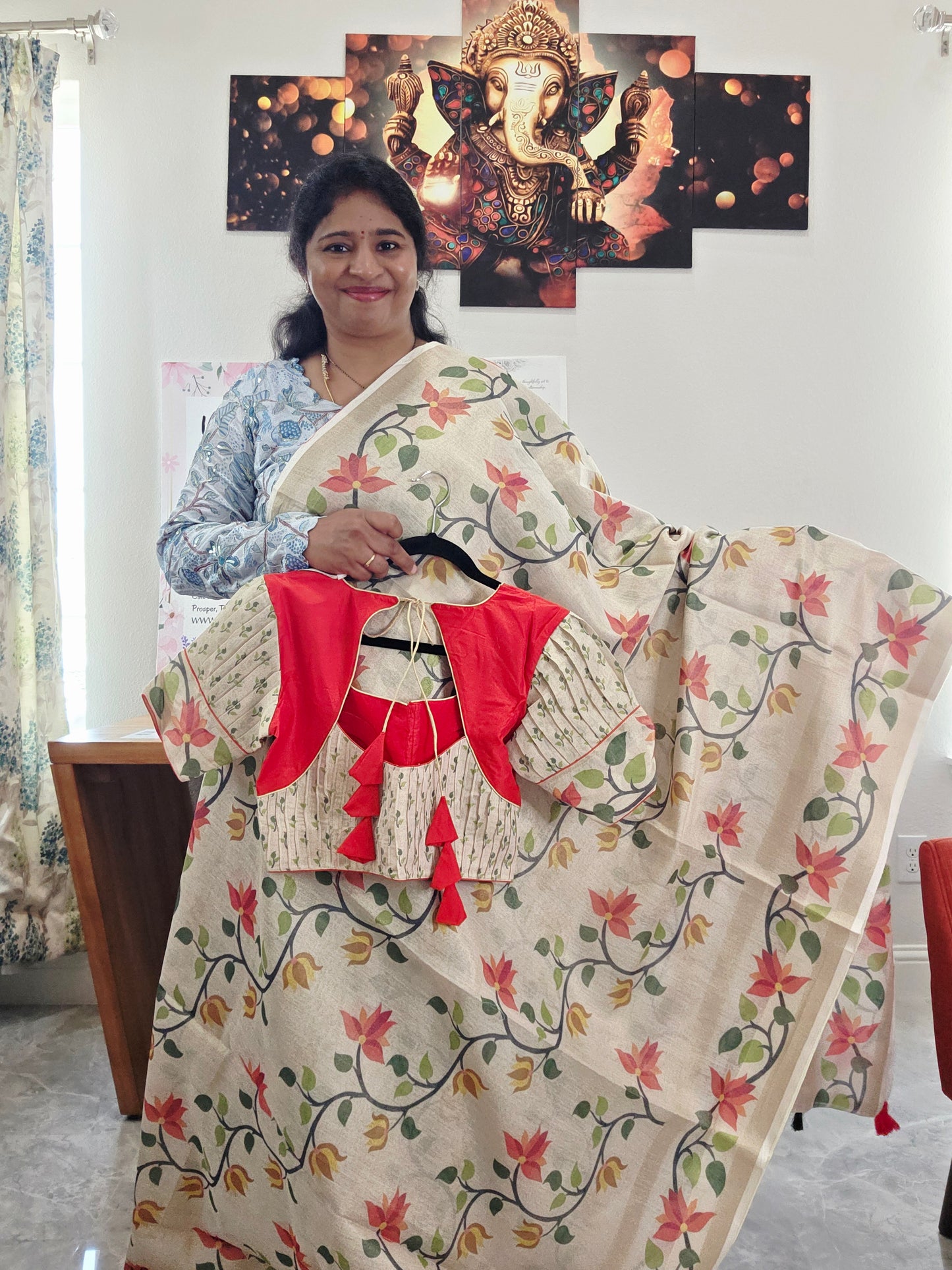 Linen Cotton Tissue Saree with Allover Jamdani Design - Stitched Blouse