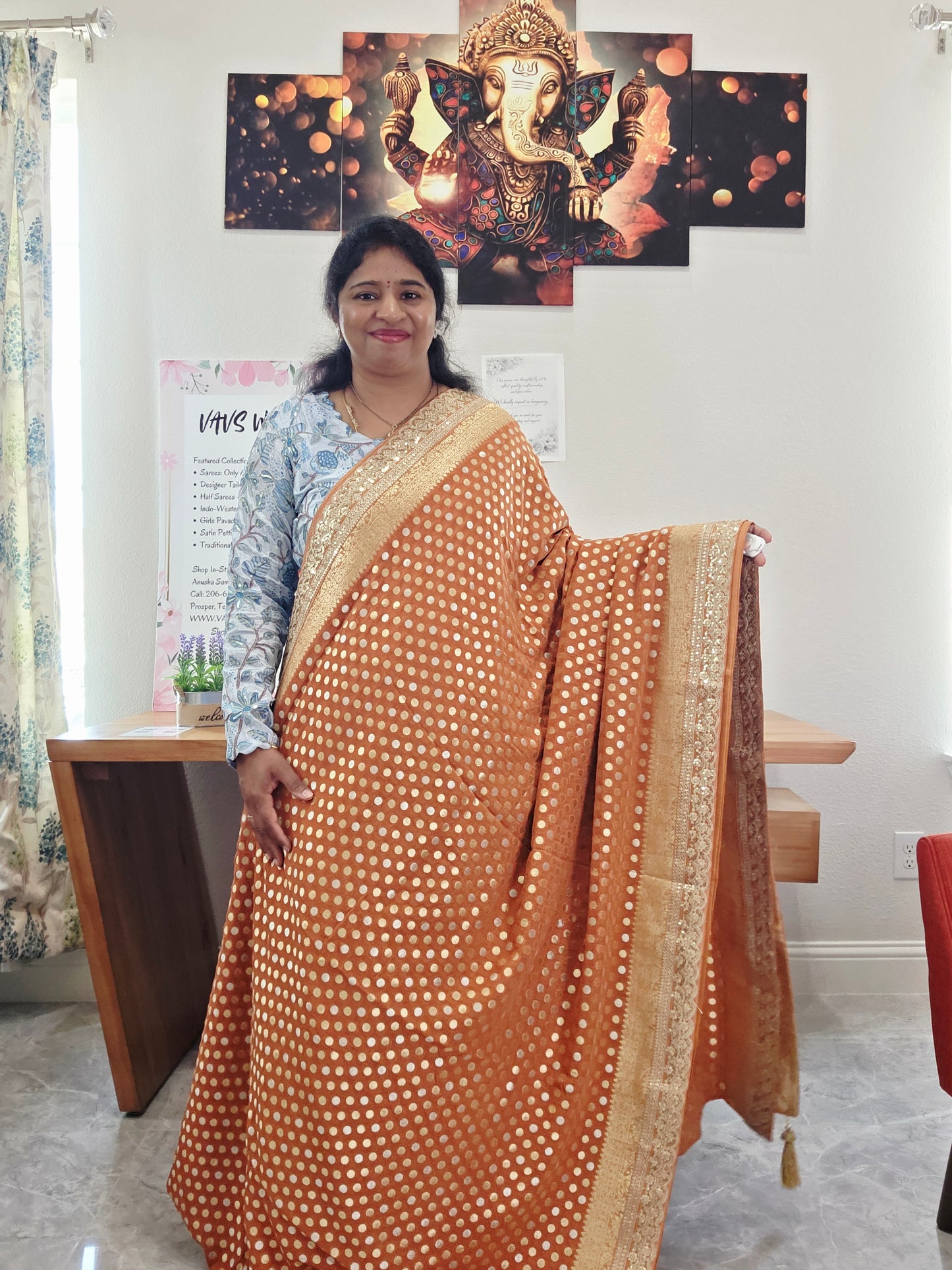 Rust Peach Viscose Georgette Polka Butta Saree with Lace Border & Stitched Blouse