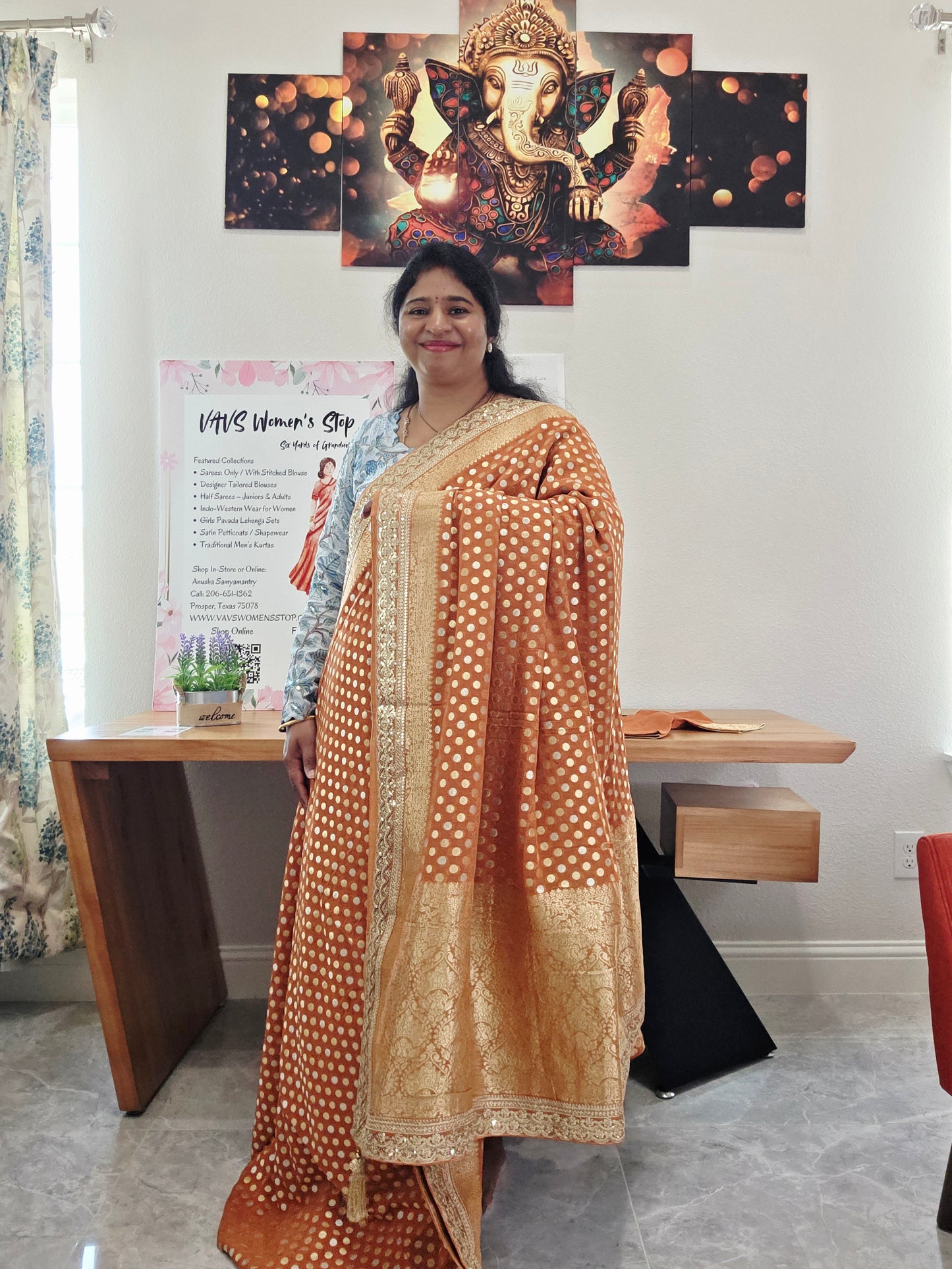 Rust Peach Viscose Georgette Polka Butta Saree with Lace Border & Stitched Blouse
