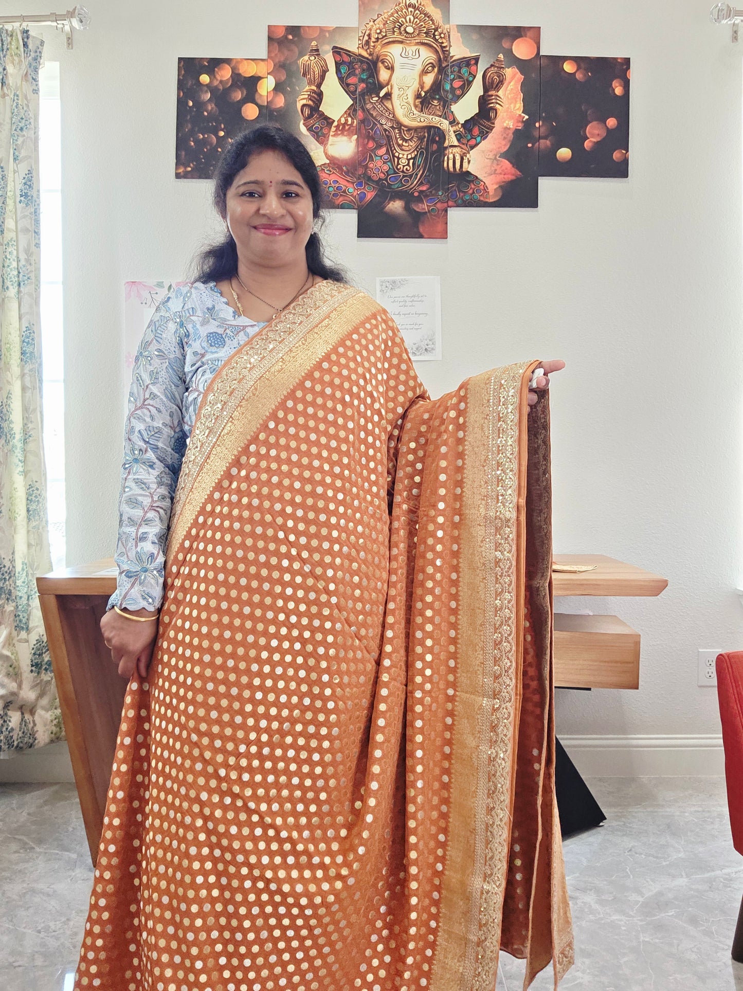 Rust Peach Viscose Georgette Polka Butta Saree with Lace Border & Stitched Blouse