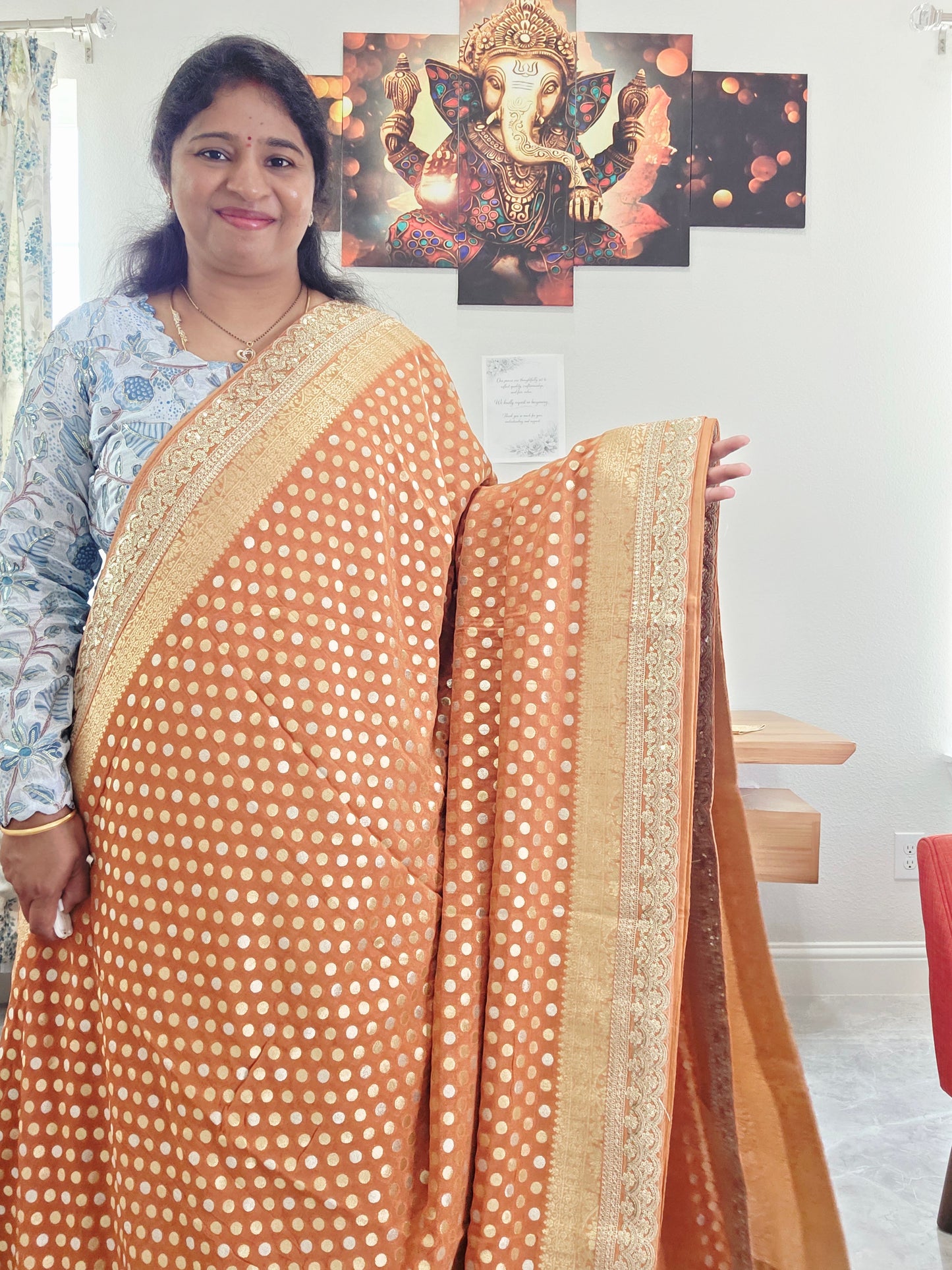 Rust Peach Viscose Georgette Polka Butta Saree with Lace Border & Stitched Blouse