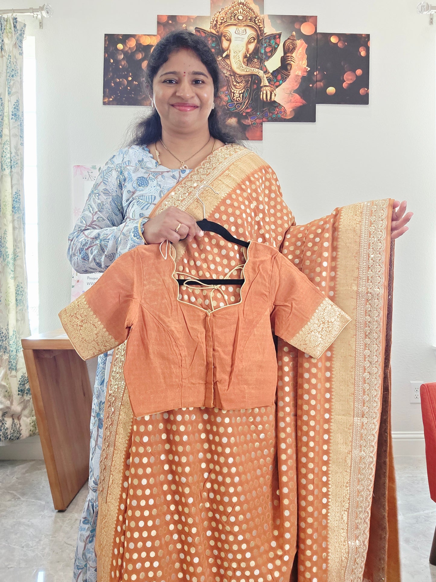 Rust Peach Viscose Georgette Polka Butta Saree with Lace Border & Stitched Blouse