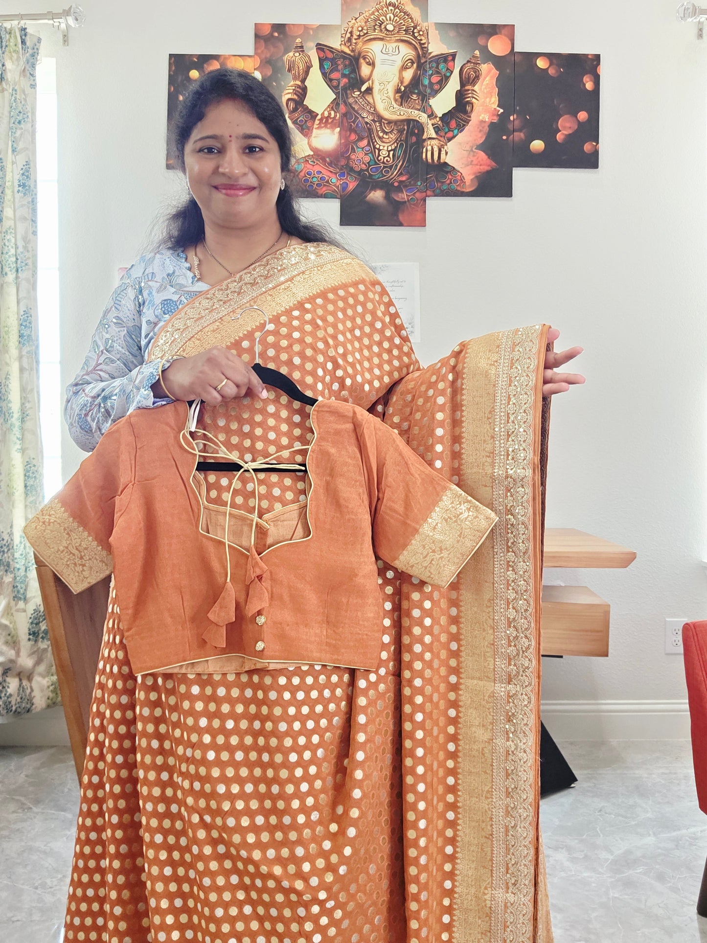 Rust Peach Viscose Georgette Polka Butta Saree with Lace Border & Stitched Blouse