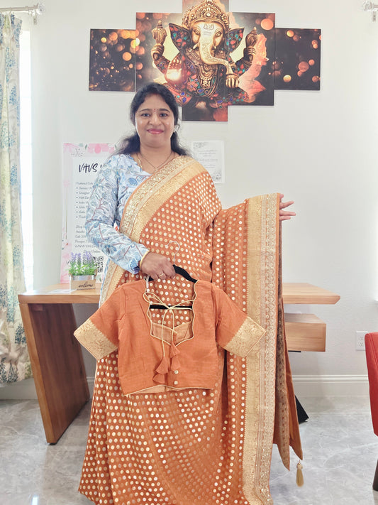 Rust Peach Viscose Georgette Polka Butta Saree with Lace Border & Stitched Blouse
