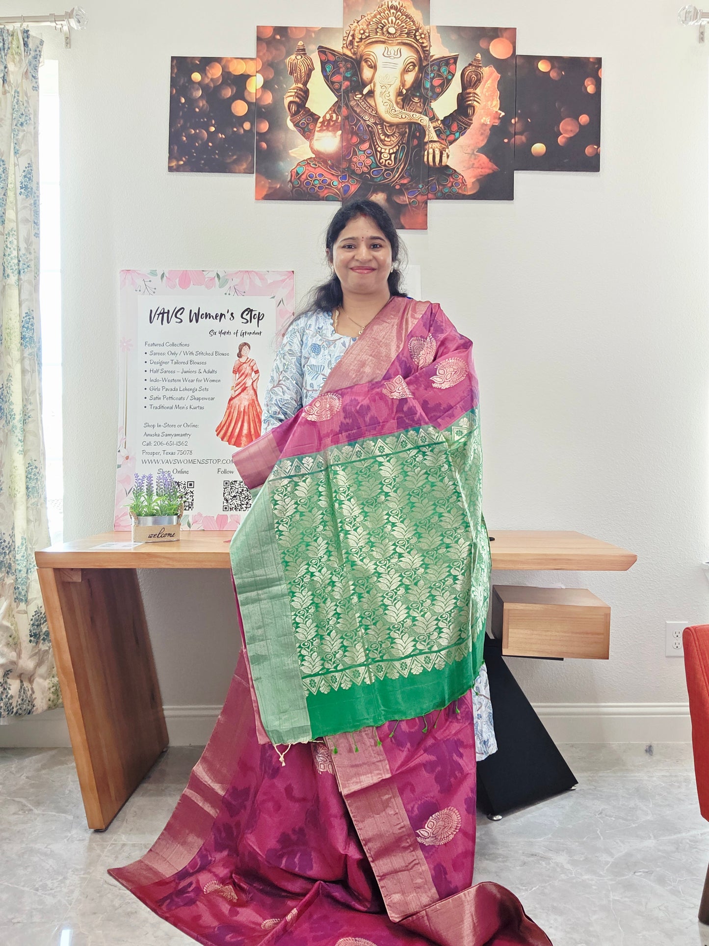 Raspberry Pink Semi Kanchi Ikat Pochampally Print Soft Silk Saree with Emerald Green Border