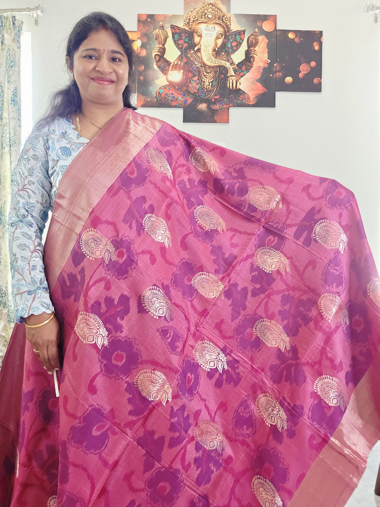Raspberry Pink Semi Kanchi Ikat Pochampally Print Soft Silk Saree with Emerald Green Border