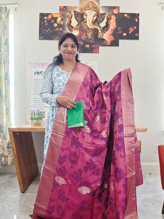 Raspberry Pink Semi Kanchi Ikat Pochampally Print Soft Silk Saree with Emerald Green Border
