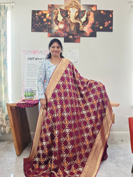 Royal Wine & Antique Gold Pure Khaddi Powerloom Gharchola Checks Designer Georgette Saree