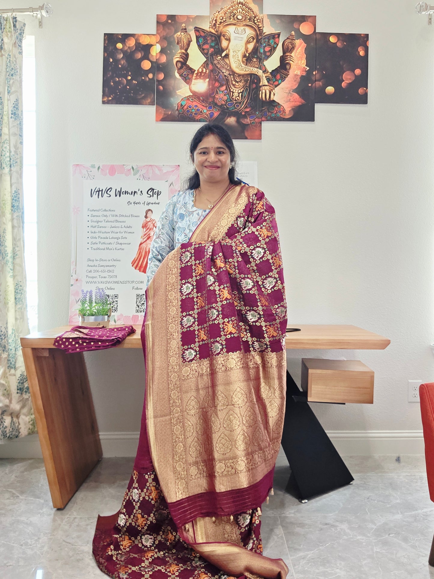 Royal Wine & Antique Gold Pure Khaddi Powerloom Gharchola Checks Designer Georgette Saree