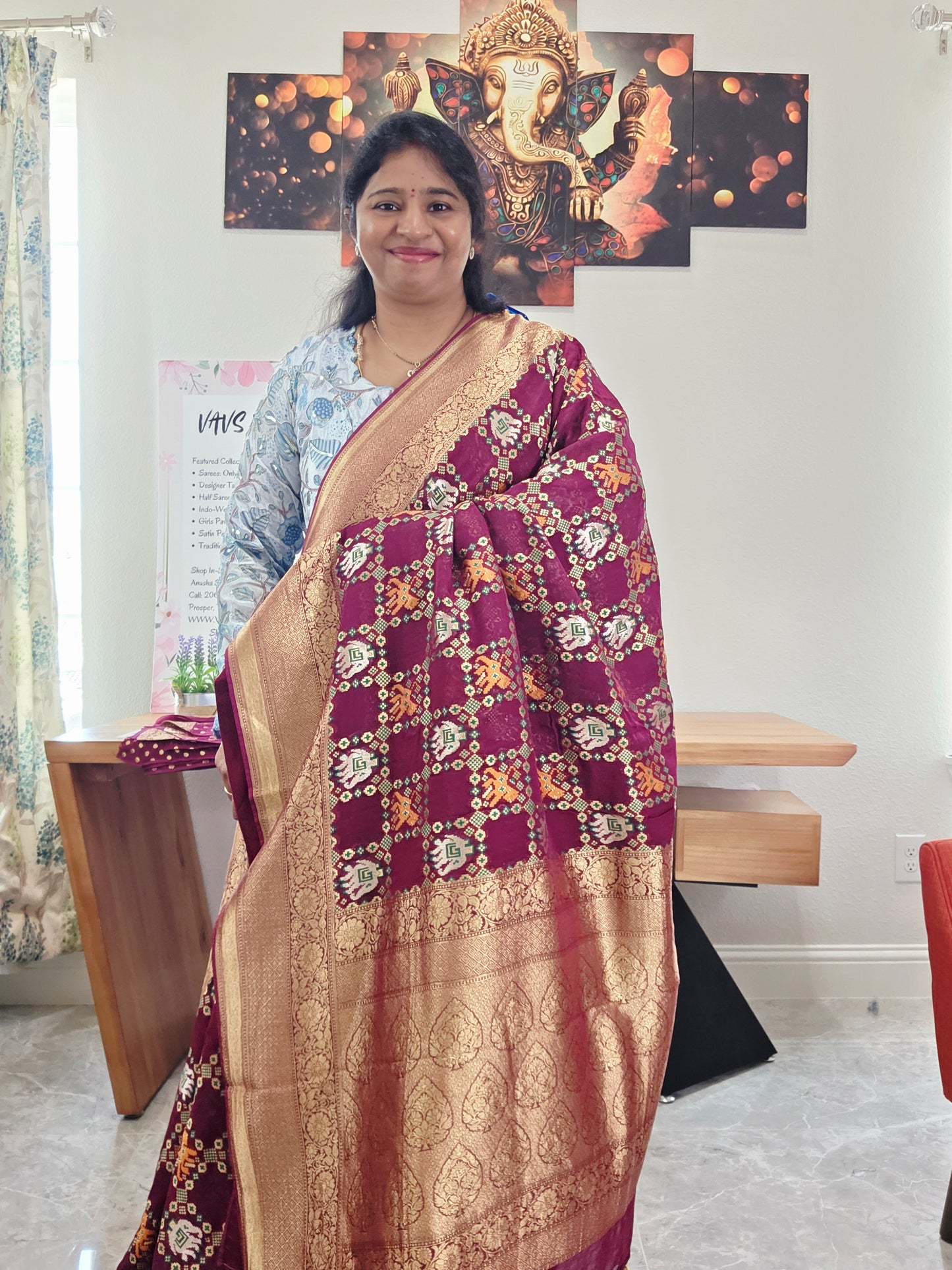 Royal Wine & Antique Gold Pure Khaddi Powerloom Gharchola Checks Designer Georgette Saree