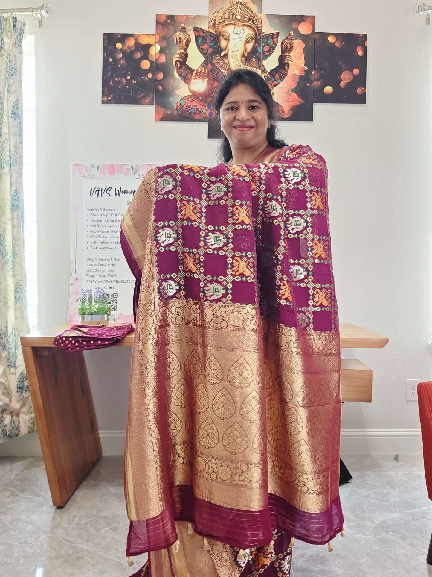 Royal Wine & Antique Gold Pure Khaddi Powerloom Gharchola Checks Designer Georgette Saree