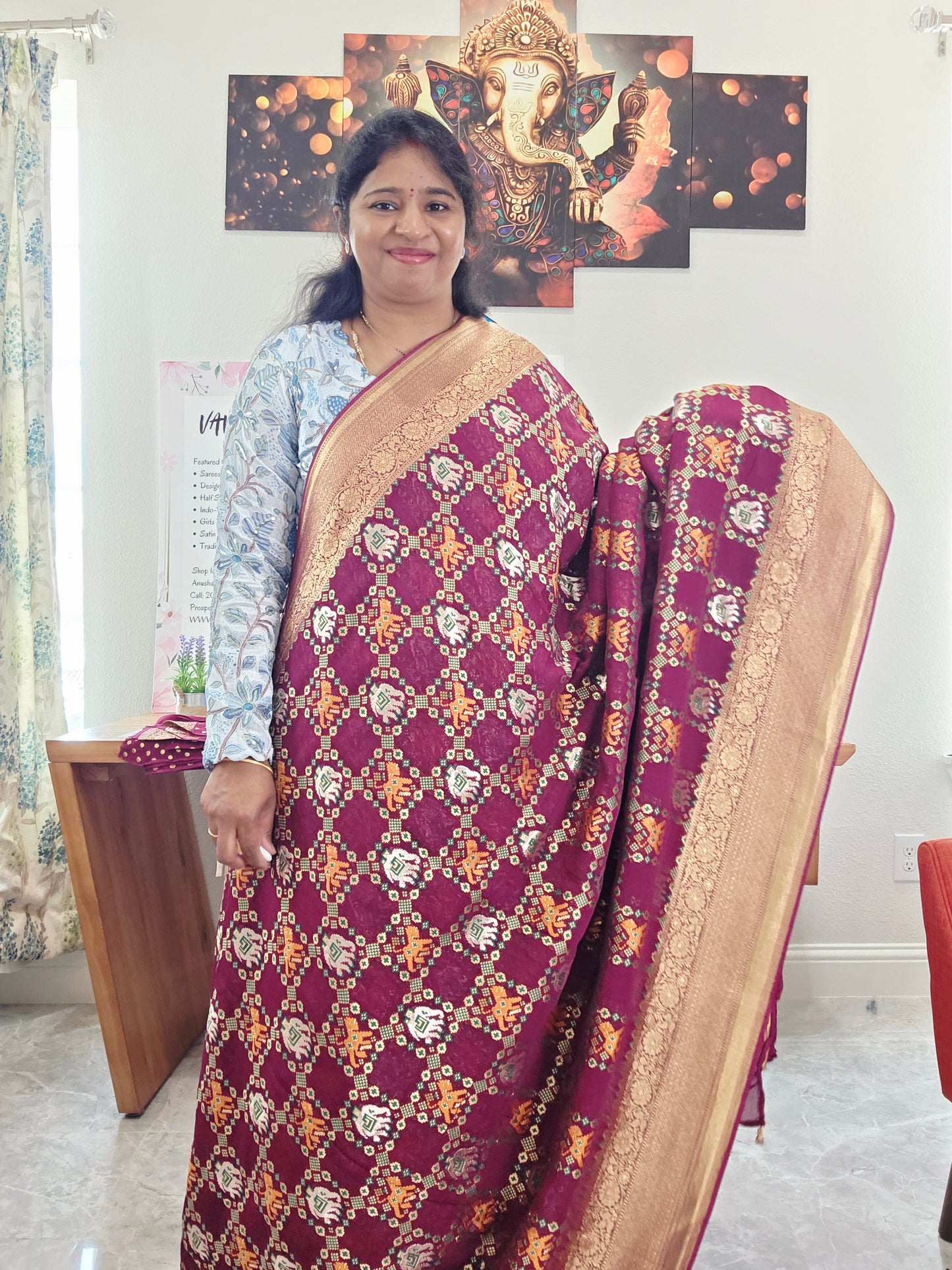 Royal Wine & Antique Gold Pure Khaddi Powerloom Gharchola Checks Designer Georgette Saree