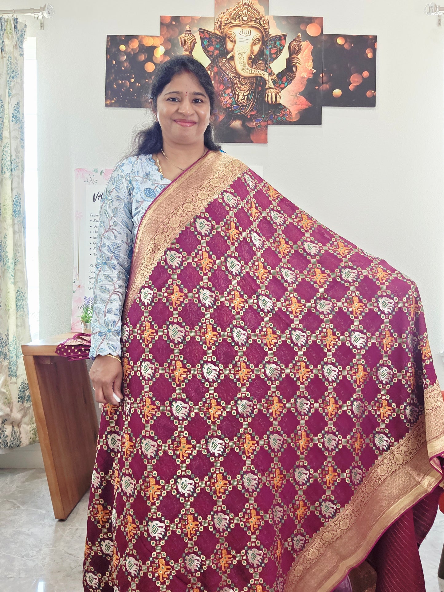 Royal Wine & Antique Gold Pure Khaddi Powerloom Gharchola Checks Designer Georgette Saree