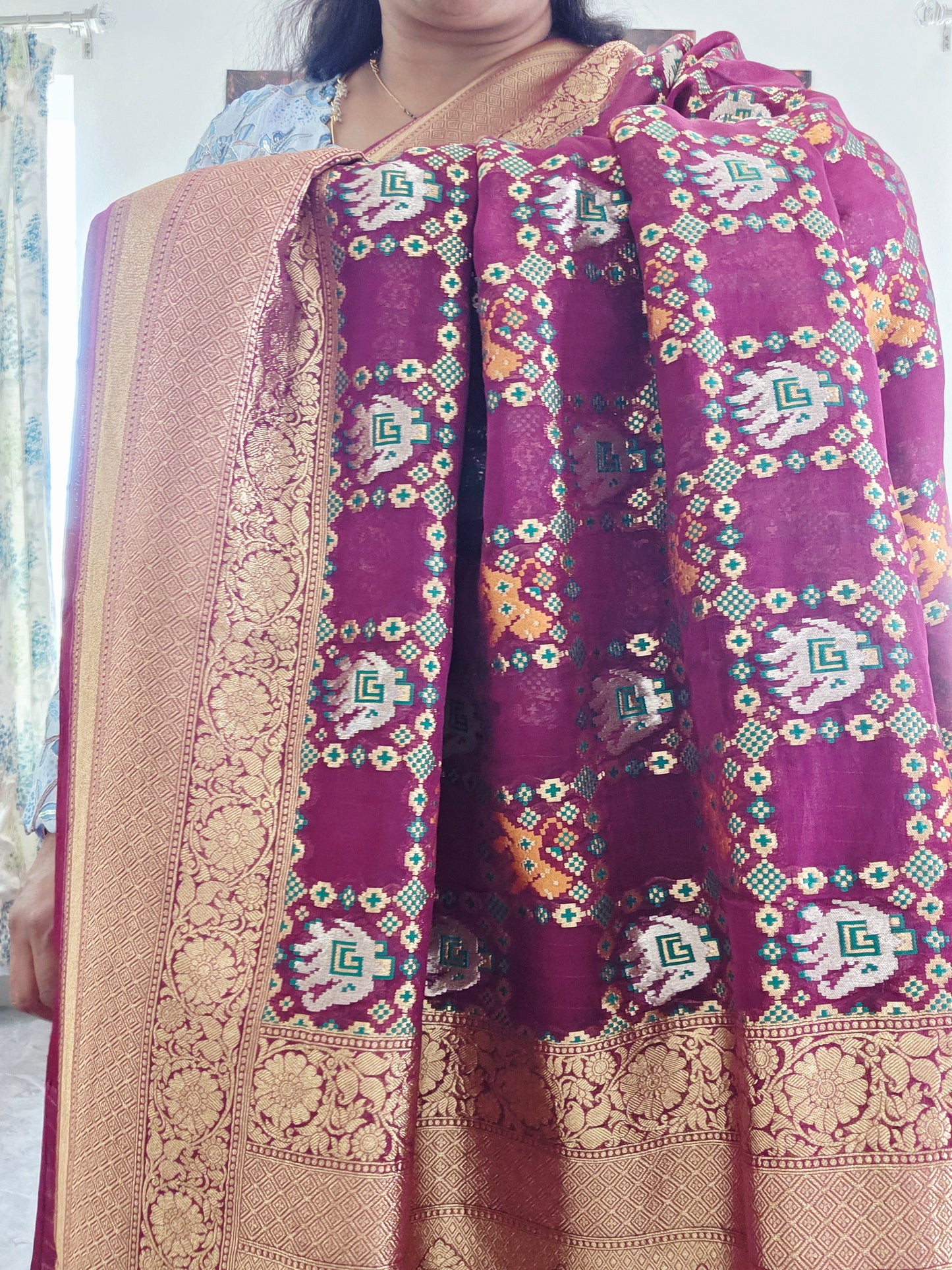 Royal Wine & Antique Gold Pure Khaddi Powerloom Gharchola Checks Designer Georgette Saree