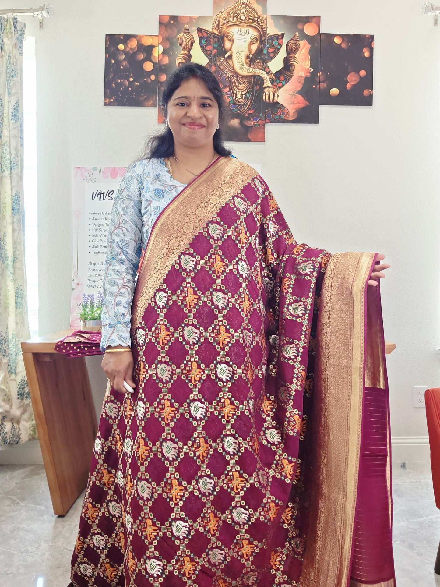Royal Wine & Antique Gold Pure Khaddi Powerloom Gharchola Checks Designer Georgette Saree