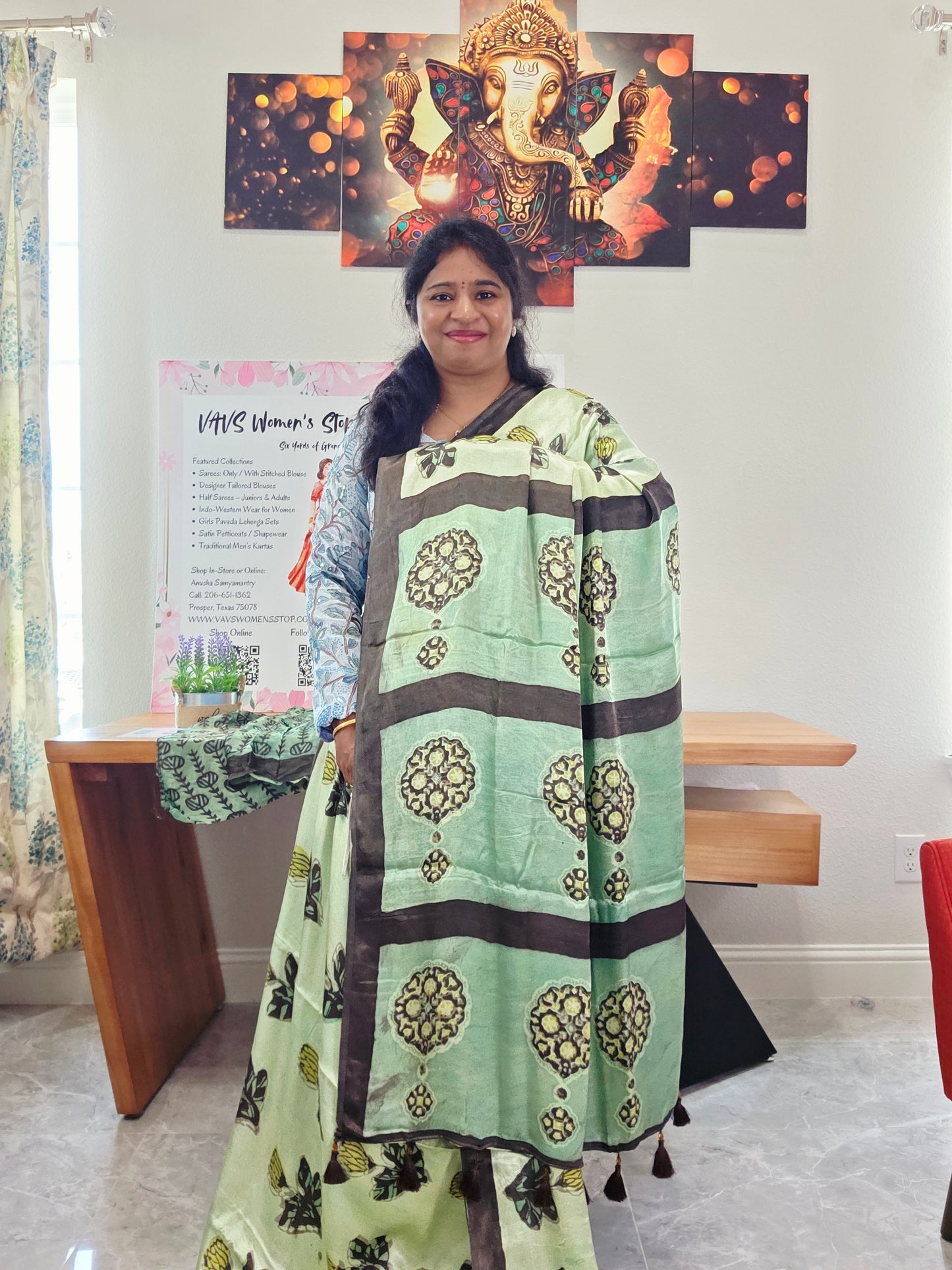 Celadon Sage Elegance Ajrakh Print Soft Satin Modal Saree with Mocha Brown Border | Blouse Piece Included