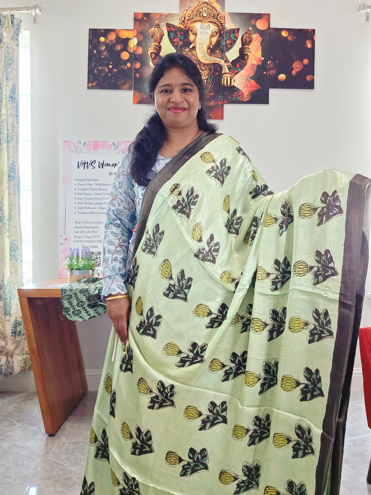Celadon Sage Elegance Ajrakh Print Soft Satin Modal Saree with Mocha Brown Border | Blouse Piece Included