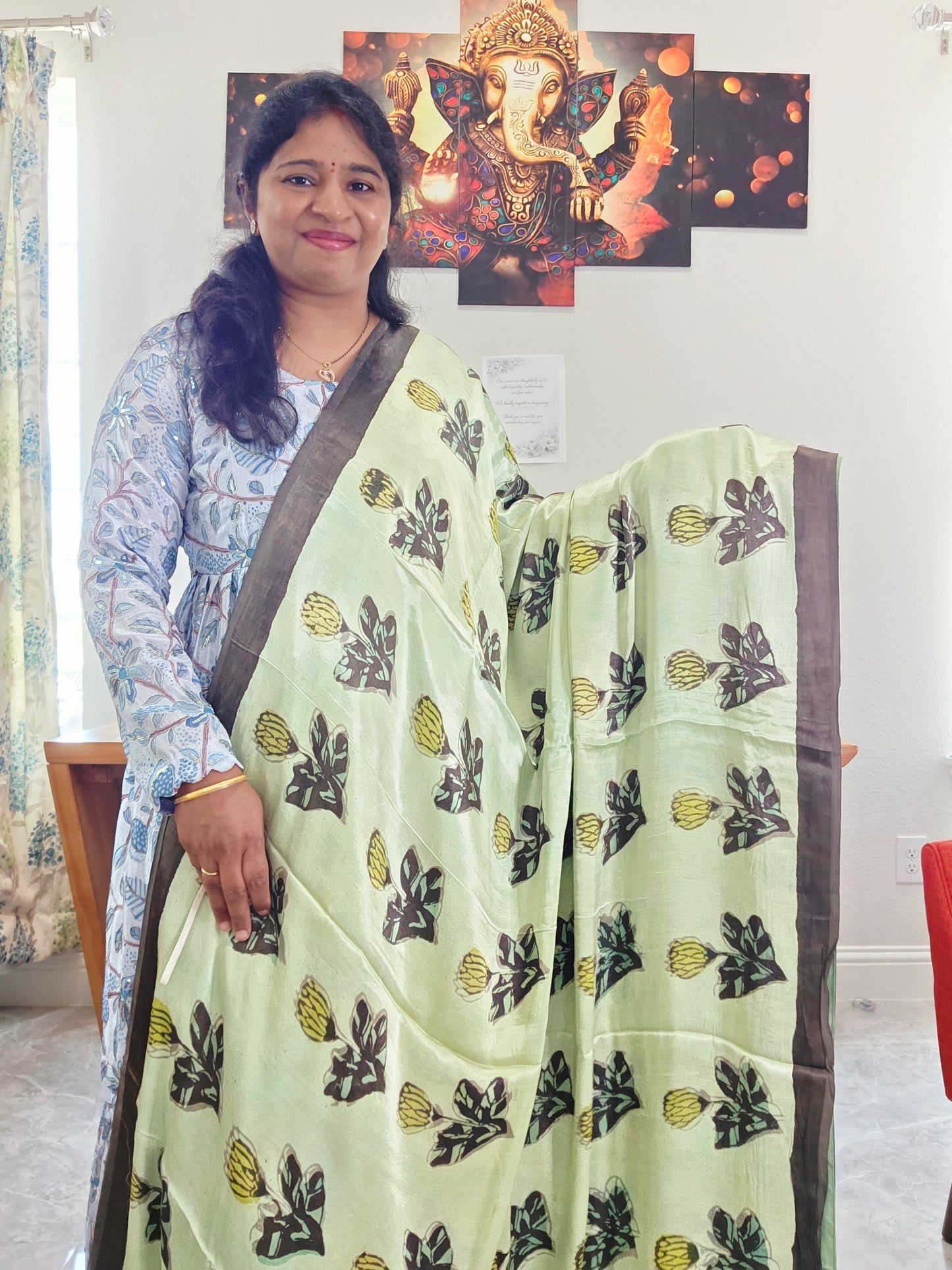 Celadon Sage Elegance Ajrakh Print Soft Satin Modal Saree with Mocha Brown Border | Blouse Piece Included