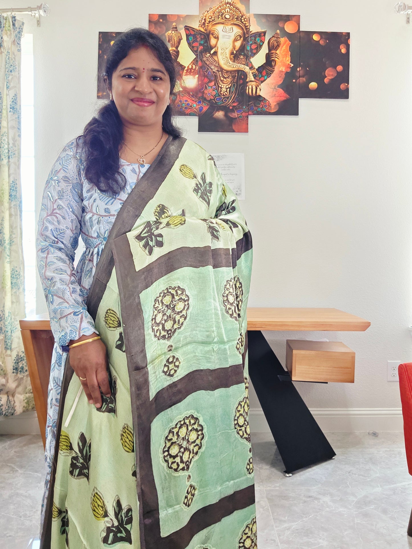 Celadon Sage Elegance Ajrakh Print Soft Satin Modal Saree with Mocha Brown Border | Blouse Piece Included