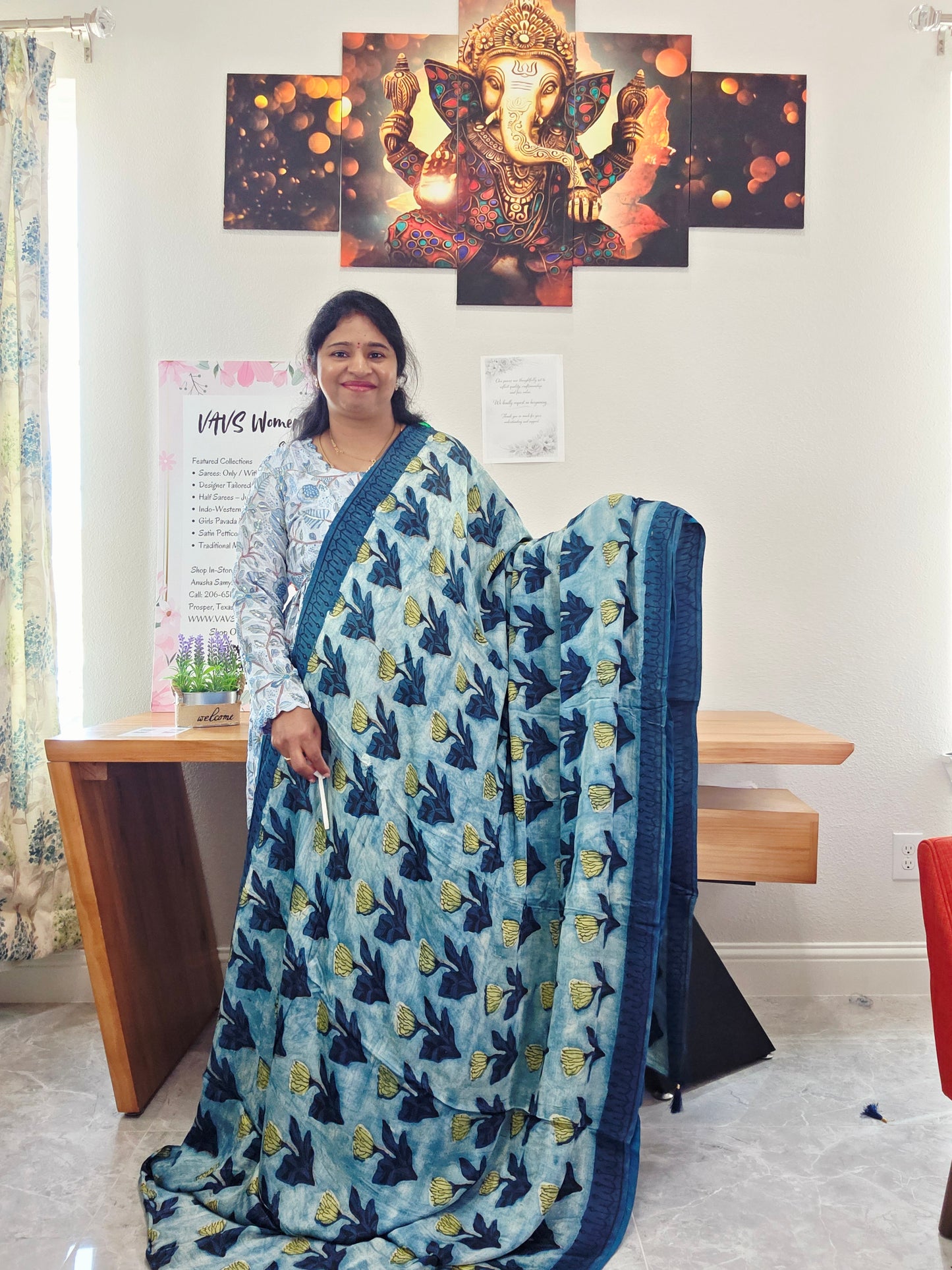 Azure Indigo Serenity Ajrakh Print Soft Satin Modal Saree with Blouse Piece