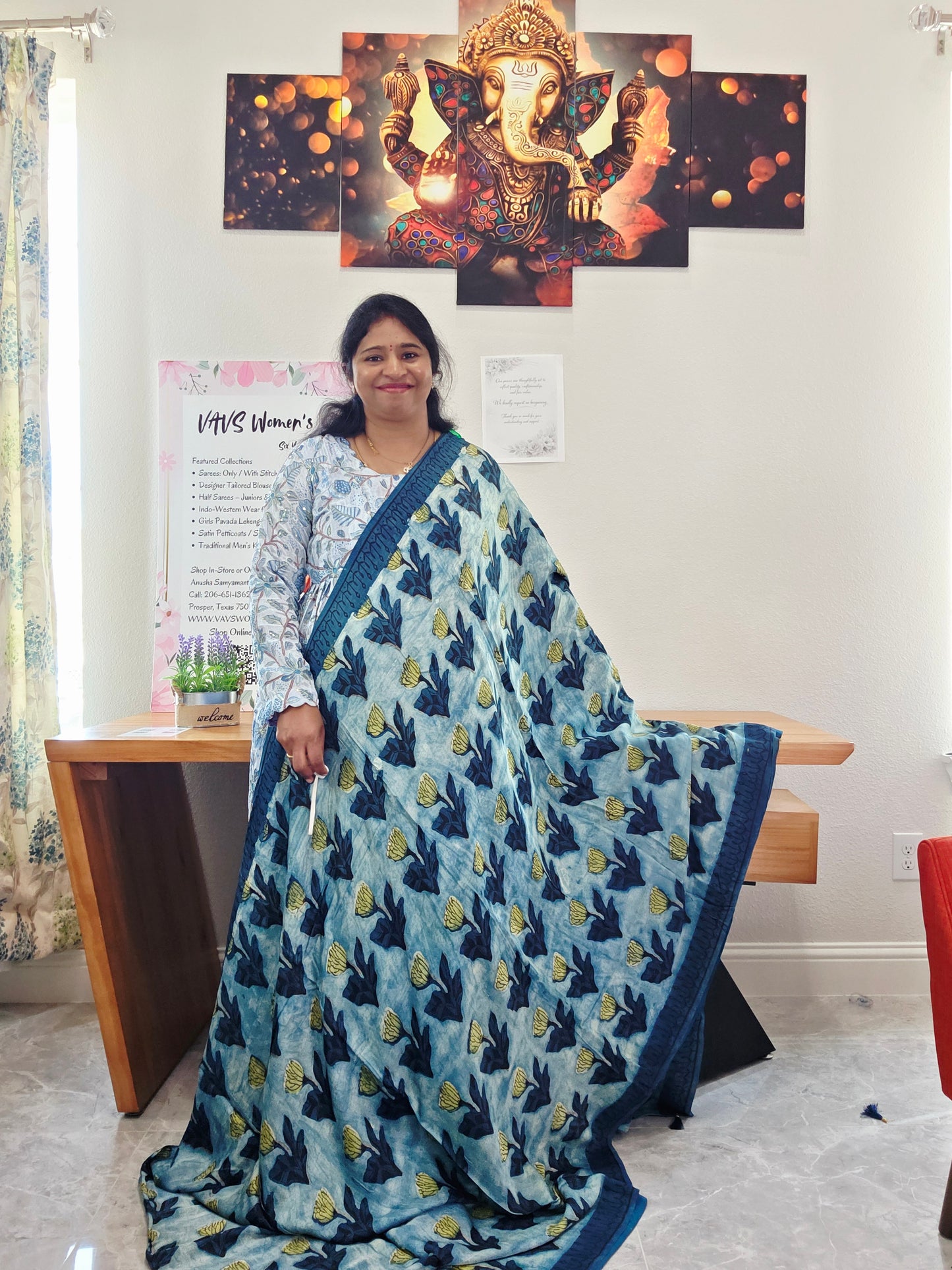 Azure Indigo Serenity Ajrakh Print Soft Satin Modal Saree with Blouse Piece