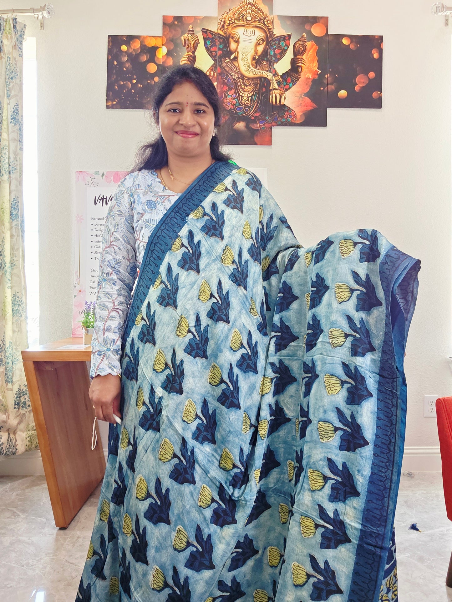 Azure Indigo Serenity Ajrakh Print Soft Satin Modal Saree with Blouse Piece